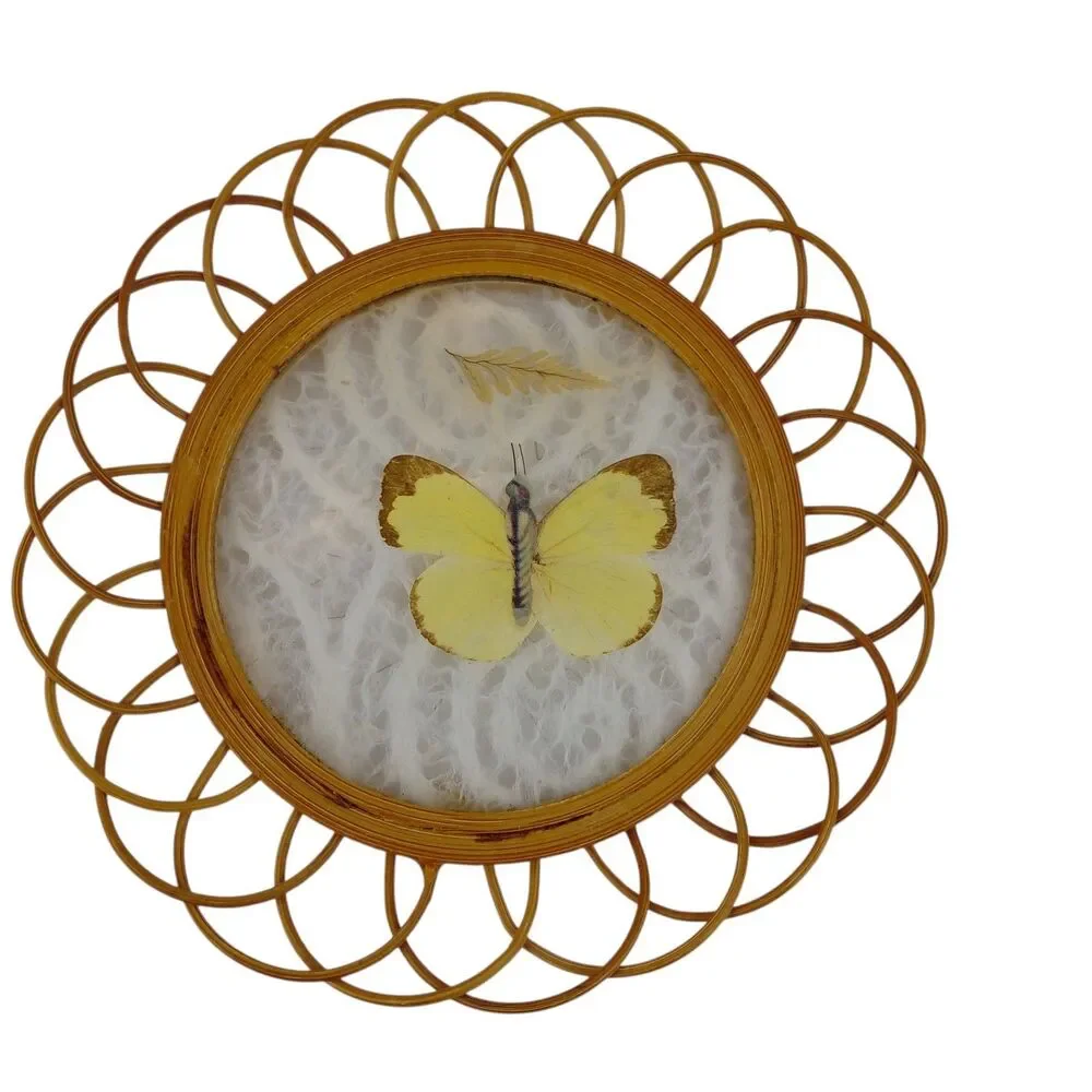 Pressed Butterfly Rattan Wicker Coasters Caddy Set Of 4 MCM Taiwan Barware